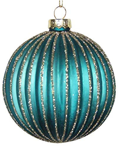 Gisela Graham Peacock Blue Turquoise Ribbed Gold Glitter Glass Bauble Hanging Christmas Tree Decoration