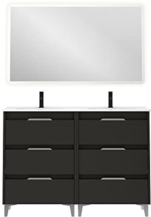 AMIZUVA | Conjunto de Mueble de Baño Suki con 6 cajones | Anchura 120 cm | Incluye 2 Lavabos Cerámicos | Acabado en Antracita Brillo | Mueble de Lavabo Doble | Mueble Bajo Lavabo