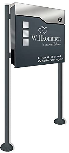 Zalafino Standbriefkasten mit FUNKKLINGEL ANTHRAZIT - aus pulverbeschichtetem Stahl - mit Zeitungsrolle, Sichtfeldern und Standfuß …