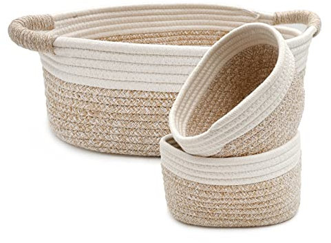 Pack of 3 Storage Baskets for Shelves| Clothes Storage Boxes | Small Bathroom Storage Baskets | Rope Storage Basket | Decorative Storage Box -100% Natural Cotton Rope Basket with Handles (B style)