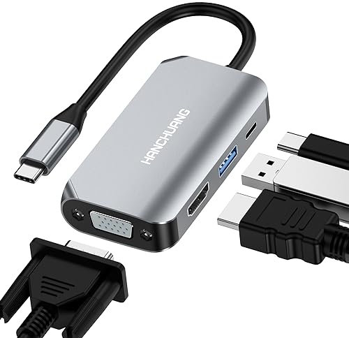 USB C to HDMI VGA Adapter 4 in 1 Thunderbolt 3 with HDMI Ports 4K,USB 3.0 Port,Power Delivery Port Compatible with MacBook Pro/MacBook Air/iPad Pro/Dell XPS Thunderbolt 3 Port