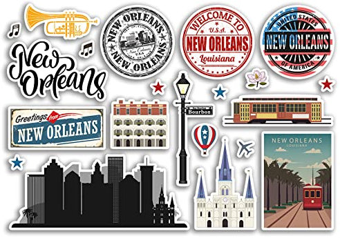 A5 Aufkleberbogen New Orleans Sehenswürdigkeiten Vinyl Aufkleber – Louisiana America States USA American Airport Stamps Skyline Flagge Karte Reise Urlaub Scrapbooking Stadt Gepäck #79151