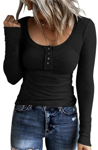 SMENG Women Tops Slim Fit Scoop Neck Ribbed Knit Top Womens Comfy Long Sleeve Tshirt Top for Ladies Rock Blouses for Women UK Black Size 18-20 XL
