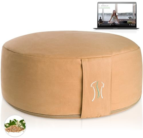 BACKLAXX ® Yoga Kissen, Meditationskissen XL 35cm [30% mehr Sitzfläche], 15cm hoch mit Buchweizenfüllung, perfektes Meditation Zubehör, Yogakissen rund inkl. Videokurs - Pouf Sitzkissen Boden