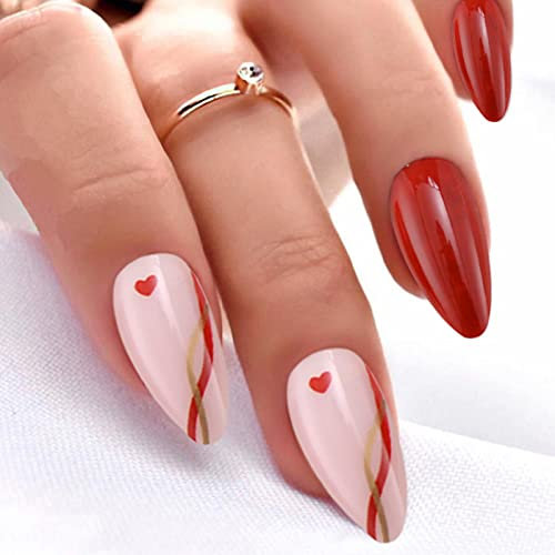 AKOFIC 24Pcs Short False Nails Oval, French Almond Acrylic Press on Nails Designs, Full Cover Stick on Nails, Fake Nails with Jelly Glue for Women Girls Nail Art (Pink Red Heart)