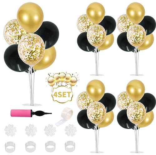 Balloon Stand Kit 4 Sets for Table Centerpieces Include 32 Pcs Black Gold Latex Confetti Balloons for Birthday,Graduation, Boy Baby Shower, Table Party Decorations
