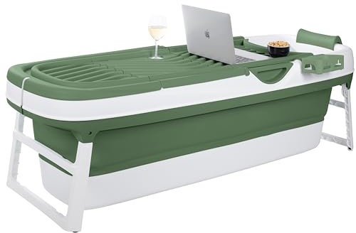 HelloBath® Baignoire Pliable Adulte - XXL, 157 x 60 x 48 cm - Avec Bouchons De Vidange, Tuyau De Vidange Et Rouleaux De Massage - Piscine Hors Sol Pour Ice Bath Et Bain Chaud (Sage Green)