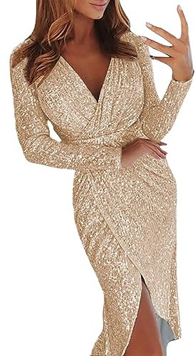 Womens Wrap Dress Plus Size Ladies' Solid Stamping Long Sleeve V Neck Sparkling Dress Dinner Sexy Dress 1 Homecoming Outfit (Gold, XL)