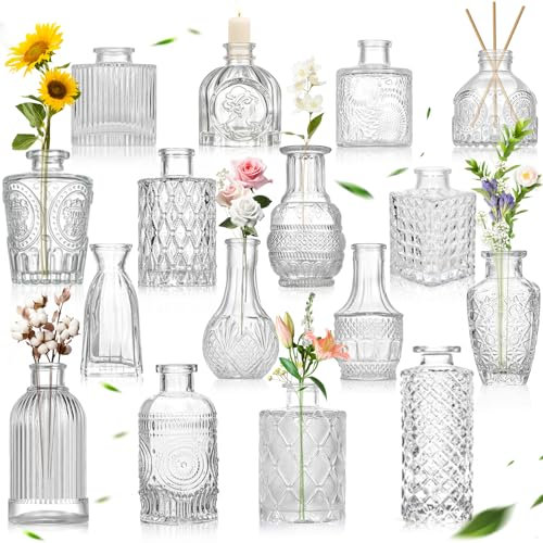 TAVADA Lot de 16 Mini Vases Vintage en Verre - Petits Centres de Table Transparents de Différentes Tailles pour Décoration de Table, Maison, Mariage
