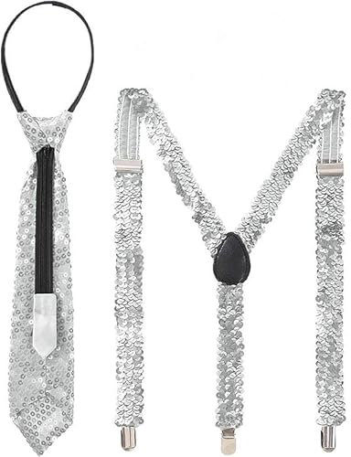 Pailletten Krawatte und Hosenträger Set, Männer und Frauen Straps Y Rücken Straps Pailletten Krawatte Party Pailletten Krawatte (Silber)