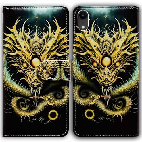 Bcov iPhone XR Case,Golden Dragon with Ball Leather Flip Phone Case Wallet Cover with Card Slot Holder Kickstand for iPhone XR
