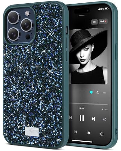 BEZ Case for iPhone 15 Pro Max Case Glitter, with Bling & Co. Series, Sparkle Diamond Crystal Bling Case Cover for iPhone 15 Pro Max, Pine Green