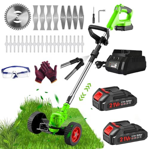 Decespugliatore elettrico con bordo, taglio bordo senza fili con batteria da 21 V con 2 batterie da 2,0 Ah e 1 caricatore rapido e 4 tipi di lame e ruote per giardino e cortile