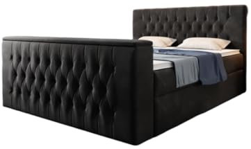 Boxspringbett Velano 180x200 Doppelbett Polsterbett Bett mit TV Lift und Stauraum | Bezug: Samt | Farbe: Schwarz | Härtegrad: H3 (70-100kg)