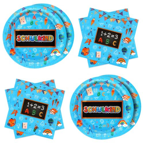 WenmthG 40 Servietten und Pappteller für Einschulung, Schulanfang, Schuleinführung Deko - Ideal für Jungen Mädchen mit Schule Schulkind 1 + 2 = 3 bunten ABC Motiv - Schulkind Partygeschirr