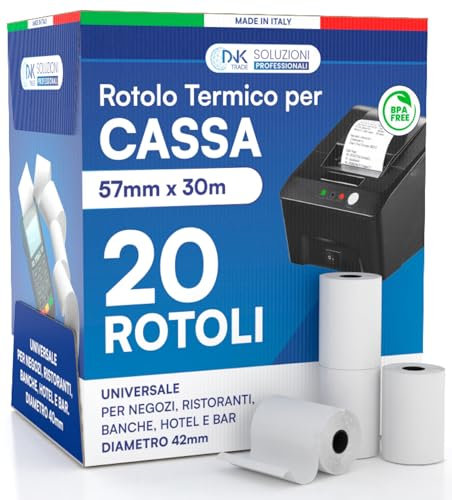 DNK TRADE, 20 hochwertige Thermorollen 57 x 30 m, für Registrierkassen, zugelassenes Thermopapier, kompatibel mit Nexi, Axerve und Ingenico. (20)