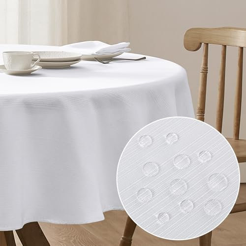 Softalker Tischdecke rund 140 Weiß abwaschbar Wasserabweisend Leinen Struktur Abwischbar Fleckschutz rundes Tischtuch Deko für Outdoor Draußen Party Geburtstag Silvester Hochzeit Weihnachten Garten