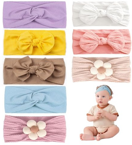 Uwiyo 8 Pièces Élastiques Soft Bandeaux pour Bébé Bandeaux pour Bébé Fille Cheveux Nœuds pour Bébé Serre-tête Turban pour Bébé Fille Knot Bandeaux Accessoire