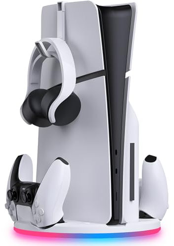 Soporte con cargador de controlador dual para PS5 Slim – Playstation 5 – Base con base de carga para controlador dual y soporte para auriculares – Iluminación RGB – Carga rápida – para doble sense y