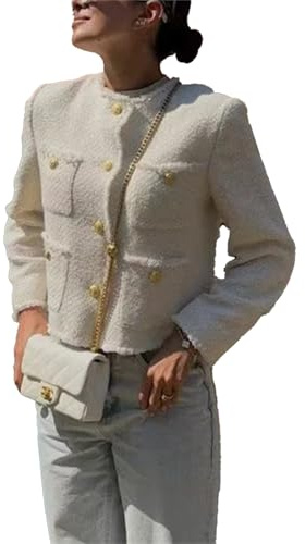 hathne Damen Tweed-Blazer, Jacken, lässig, langärmelig, Button-Down, Cropped-Jacke, Mantel, Tops mit Taschen, Weiss/opulenter Garten, S