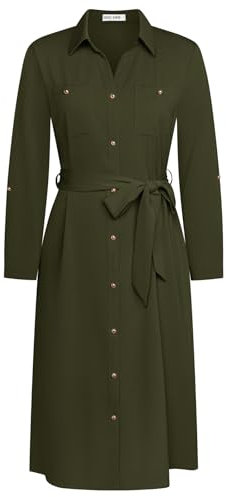 Elegantes T-Shirt-Midikleid für Damen Langärmliges Hemdblusenkleid mit Knopfleiste Armeegrün XL