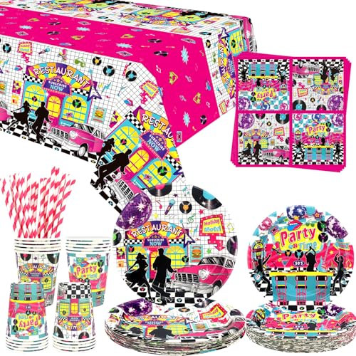 50s Party Supplies 50s Rock and Roll Party Tableware Dinner Plates Desserts Plates Cups Napkins Tablecloth Straws for Rock and Roll Music Retro Supplies, Served 20