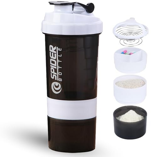 DDUP Protein Shaker Bottle, 16oz 3 Layer Twist Off GYM Shaker Cup Shake Bottle with Mix Grid and Pill & Supplement Storage,Leak Proof Shaker for Protein Shakers (White)