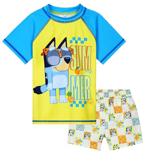 Bluey Conjunto de Baño Niño Bañador 2 Piezas con Bañador Corto y Chaleco Antisarpullidos Regalo (3-4 Years, Amarillo)