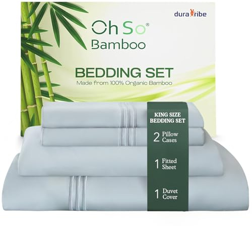 DURA TRIBE Oh So Bamboo Bedding Set 4 Piece King - Harbour Mist - Hypoallergenic Duvet Cover, Fitted Sheet & 2 Pillowcase Made from 100% Organic Bamboo Viscose Cooling Silky-Soft & Smooth Material