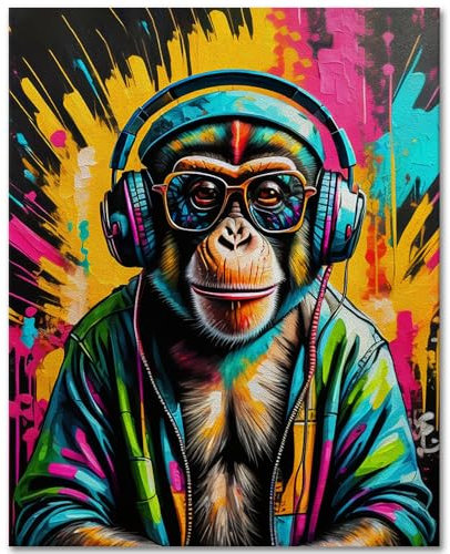 TISHIRON Kit de peinture par numéros pour adulte, casque et lunettes de soleil DJ singe peinture par numéros sur toile, style graffiti à faire soi-même, peinture par numéros pour adultes, sans cadre