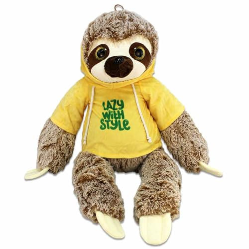 BEMIRO Faultier Kuscheltier XXL – 80 cm, Füllung aus 100% recyceltem Material, mit Hoodie, glitzernde Augen, kuschelig weich (Gelb)