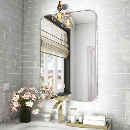 Koonmi Wandspiegel Silber 51x71 cm Badezimmerspiegel mit runder Ecke, Morden Spiegel Wand mit Rahmen aus Aluminiumlegierung für Wand montiert horizontal oder vertikal, Silber