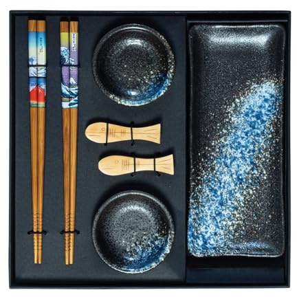 JADE TEMPLE Keramik Sushi Set mit Dippschale und Stäbchen - 1 Set, Blau