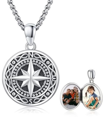 MEDWISE Kompass Medaillon Kette 925 Sterling Silber Personalisierte Foto Anhänger mit Bild Amulett Oxidiert Abschluss Geschenk Schmuck für Herren Damen Geschenke Zum Vatertag Abschluss Geschenk