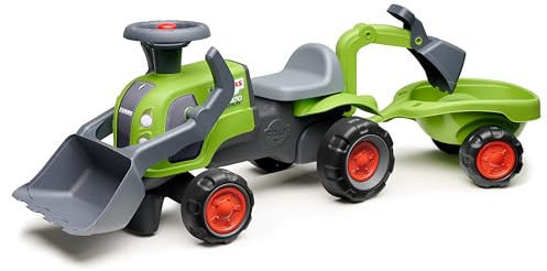 FALK Traktor Claas – Grün – leise Räder – Lenkrad – Frontbagger – Bagger und Anhänger – 90% recycelter Kunststoff ab 12 Monaten – 312NS