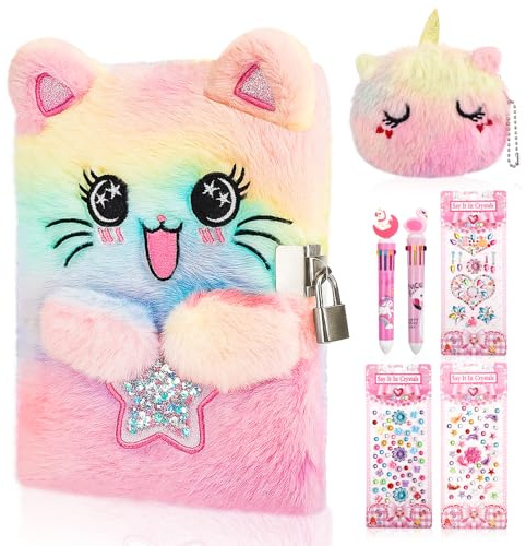 Diary for Girls with lock and keys, Kids Journal School Travel Notebook Gift Set for Writing and Drawing,Multicolored Pen,Stickers,Birthday Gift for Girls Ages 6-8