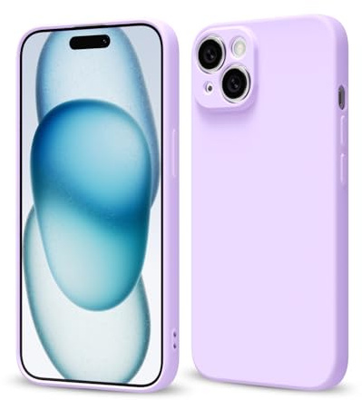Svaove for iPhone 15 Plus Phone Case Liquid Silicone, Thin Ultra Slim Minimalist Phone Cover, Girly Cute Plain Bright Solid Color Matte Soft Rubber Jelly Gel Plastic TPU Bumper, Purple Lavender