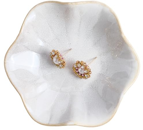 GORGECRAFT Plateau à Bijoux en Céramique Plateau à Bagues Assiette à Bibelots Forme de Fleur Petit Bol Décoratif pour Clés Organisateur de Colliers Boucles d'oreilles Support Entrée Table Chambre Lin