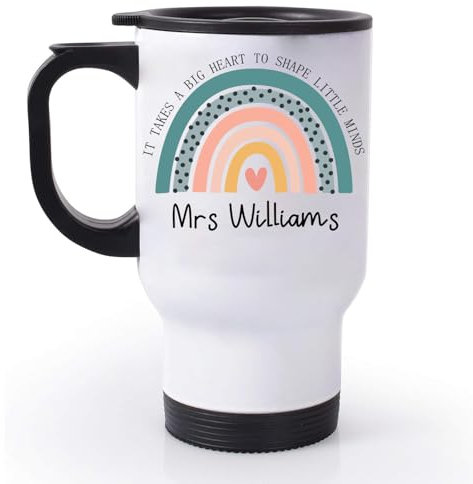 EKAM Personalised Teacher Travel Mug “It Takes a Big Heart to Shape Little Minds” End of School Year Gift Customise with Teacher’s Name - 14oz Stainless Steel Travel Mug Gift for Teachers (Design 02)