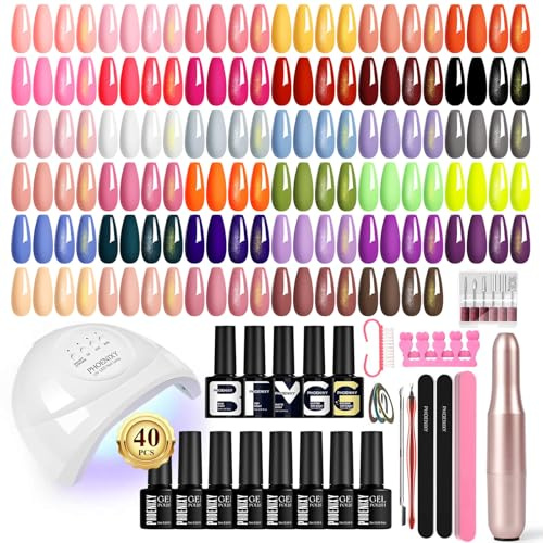 Phoenixy 35+5 Stück UV Nagellack Set mit Elektrische Nagelfräser | Gel Nägel Set mit 48W Nagellampe 5 Stück Base und Top Coat Gelnägel Starterset DIY-Nagelkunst zu Hause
