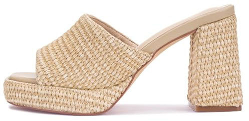 Monrovia Raffia Platform Heels for Women – Chunky Block Open Toe Woven Slides, Natural Straw Summer Dressy Vacation Sandals, Comfortable Heeled Slip On Mules, Natural Size 7