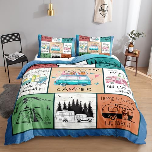 HOSIMA Retro-Campingwagen -bettwäscheset, 135 x 200 cm, Beige, Happy Camper, Bettwäsche Set 1 Bettbezug, 1 Kissenbezug, mit Reißverschluss, geeignet für Kinder, Jugendliche und Erwachsene