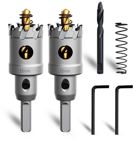 METOTY 35mm 2PCS Carbide Hole Saw Set,Heavy Duty Tungsten Carbide Tipped Hole Cutters Set with a nitrided Step Drill and L-flench, for Steel Iron,Aluminum,Stainless stell