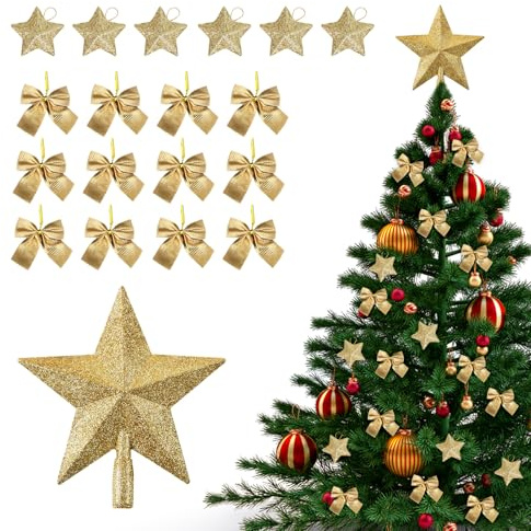 19 Stück Weihnachtsbaumspitze Stern Gold, Schleifen Weihnachtsbaum Deko | Christbaumspitze, Glitzer Weihnachtsschleifen, Klein Stern Bruchsicher, Gold Weihnachtsbaumschmuck