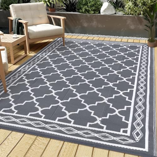 CAROMIO 240 x 300 cm Wasserdichter Outdoor-Teppich, Grau Indoor und Outdoor-Teppich aus Kunststoffstroh für Camping, Wohnmobil-Matte für Veranda, Terrasse, Garten, Balkon, Picknick, Grau/Weiß