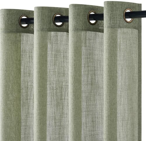 Topfinel Salbeigrün Gardinen Vorhänge mit Ösen, Wohnzimmer Vorhang Leinen 140x225cm (BxH), Halbtransparent Gardine Leinenoptik Boho für Schlafzimmer Kinderzimmer 2er Set