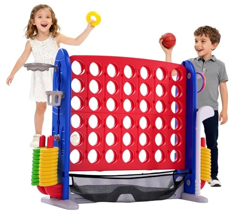 GarveeHome Riesen 4 Gewinnt Outdoor 3 in 1 – Mit Basketballkorb & Ringwurf, Höhenverstellbar (80-100 cm), Inkl. 42 Ringe & Schnellaufbau – Für Garten, Strand & Partys, Rot