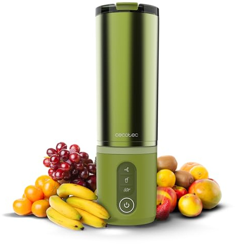 Cecotec Tragbarer Smoothie Maker Power Titanium Shake2Go Olive Steel. 180 W, 600 ml Metallbecher BPA-frei, 3 Automatikprogramme, USB-C, robustes Metallgehäuse, Trinkfertige Smoothies für Unterwegs
