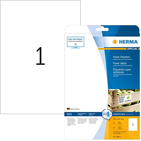 HERMA 10911 Power Etiketten, 25 Blatt, 210 x 297 mm, 1 pro A4 Bogen, 25 Stück, selbstklebend, bedruckbar, extrem stark haftend, blanko Papier Klebeetiketten Aufkleber, weiß