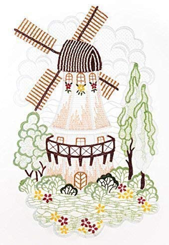 Fensterbild Windmühle farbig 18 x 29 cm aus Plauener Spitze Fensterdeko Fensterschmuck Bilder Handarbeit Deko Fenster